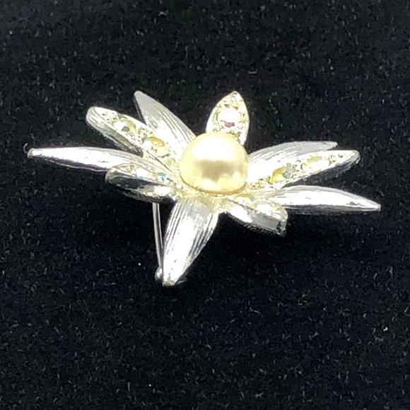 Emmons Signed Vintage Brooch Flower AB Crystal Aurora Borealis Rhinestones - Picture 12 of 13